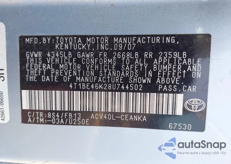 2008 Toyota Camry Le из США, поврежденный, VIN 4T1BE46K28U744502